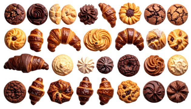 Cupcakes, croissants, and assorted bakery items isolated on white background, sweet treats illustration, fresh baked goods, dessert collection, colorful pastry PNG.