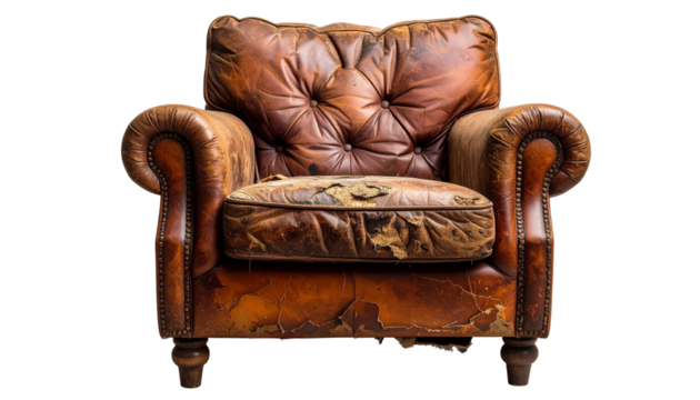 Old sofa isolated on white background, vintage furniture illustration, worn-out couch, retro interior design concept, antique seating, home décor and living room visual PNG.