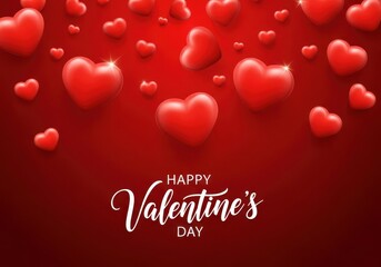 Red hearts floating on a red background with happy valentine's day text