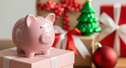 Piggy Bank with Gifts Presents Savings Concept Financial Planning Holiday Season Present Budget Funds Festive Gifts Celebration Holiday