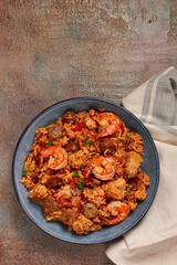 Jambalaya, Creole dish, American pilaf, rice with chicken and shrimp, vegetables, homemade, no people,