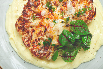 cauliflower steak, with mashed potatoes, spices and herbs, homemade, no people,