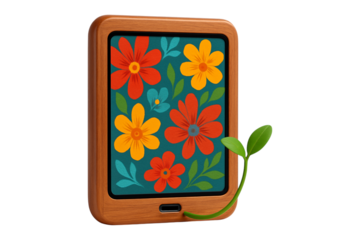 Eco Technology. Digital Detox. Nature. An isolated wooden tablet displaying flowers with a green sprout growing from the charging port as a PNG clip art on a transparent background for sustainable