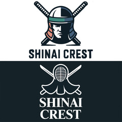 Obraz premium Shinai Crest kendo logos with samurai mask, crossed bamboo swords and men helmet, traditional Japanese martial arts emblem set for dojo branding vector