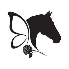 Horse head with butterfly wings and rose silhouette