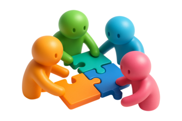 Teamwork. Collaboration. Puzzle. An isolated group of colorful 3D characters connecting large puzzle pieces as a PNG clip art on a transparent background for business cooperation or solution concepts.