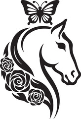 Horse Head Silhouette with Roses and Butterfly equine