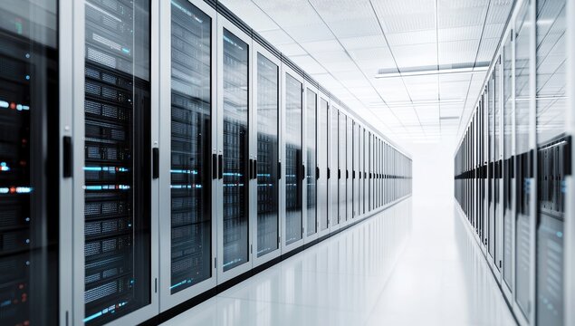 Long rows of glass-door server cabinets in a bright white data center corridor with reflective floors and cool lighting, idea for IT visuals and digital designs