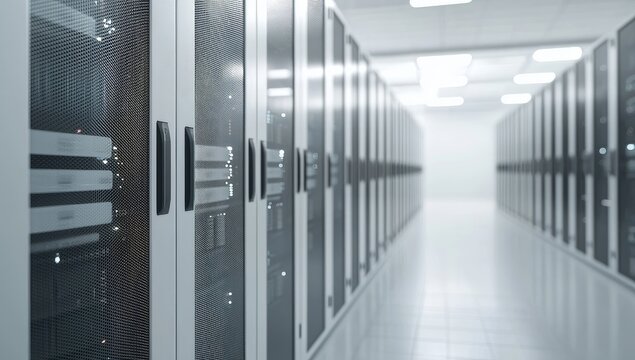 Rows of secure server cabinets with mesh doors in a bright white data center corridor with cool lighting and soft reflections, idea for IT visuals and digital designs
