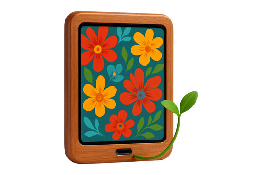 Eco Technology. Digital Detox. Nature. An isolated wooden tablet displaying flowers with a green sprout growing from the charging port as a PNG clip art on a transparent background for sustainable