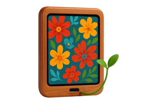 Eco Technology. Digital Detox. Nature. An isolated wooden tablet displaying flowers with a green sprout growing from the charging port as a PNG clip art on a transparent background for sustainable - Powered by Adobe