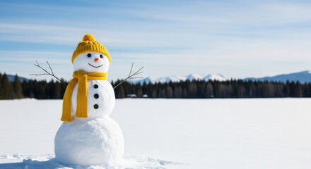 Fototapeta premium Snowman with Yellow Scarf and Hat in Snowy Landscape Winter Scene