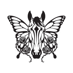 Horse Head With Butterfly Wings And Roses On White