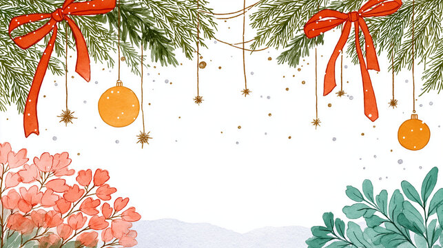 Festive Botanical Frame: A vibrant, watercolor-style holiday design, with delicate bows, baubles, and natural elements, creating a joyous and stylish festive decoration.