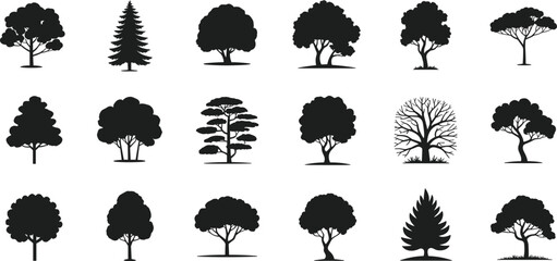 Silhouettes of 20 tree types, varied foliage and trunk styles, black vector illustration, cad drawing flat vector illustration