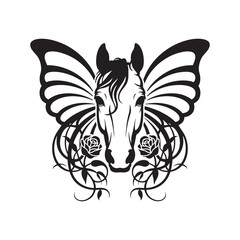 Horse head with butterfly wings and roses vector illustration