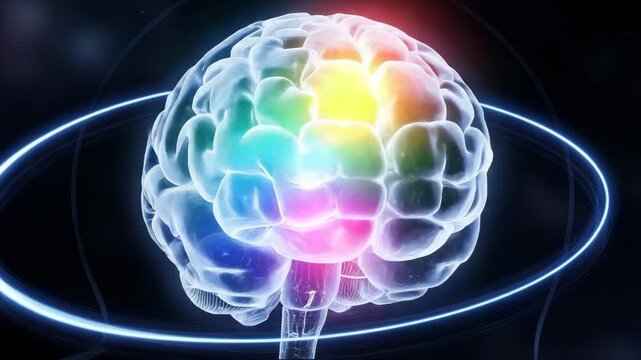 Colorful brain illustration with illuminated neural pathways in dark space  