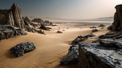 Dramatic Desert Landscape with Sand Dunes and Rocky Outcrops under Clear Sky