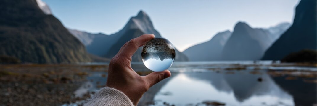 Hand holding crystal ball with scenic mountain and lake view in milford sound