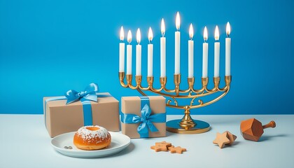 Happy Hanukkah celebration with menorah candles, a sweet holiday light and religion symbol decoration