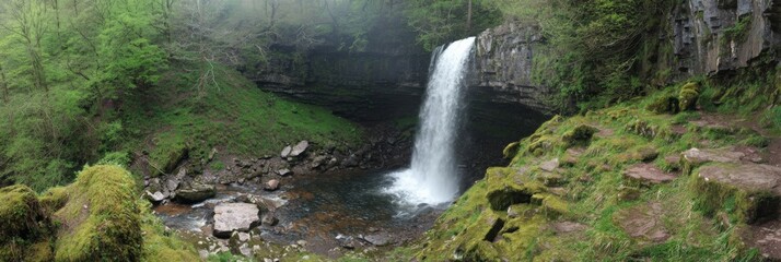 Majestic waterfall cascading in lush green forest landscape
