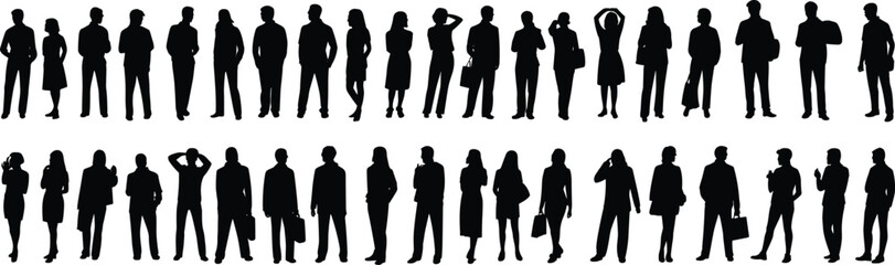 Silhouettes of diverse standing people, casual and professional poses, vector crowd illustration, isolated figures, cad drawing flat vector illustration
