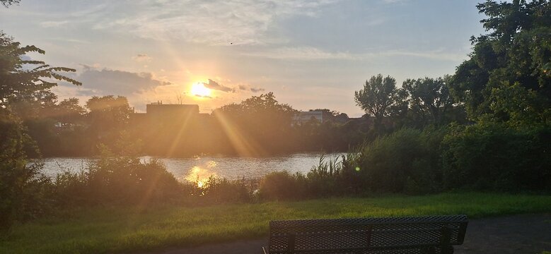 A dramatic golden sunset over the Hackensack River in New Jersey.