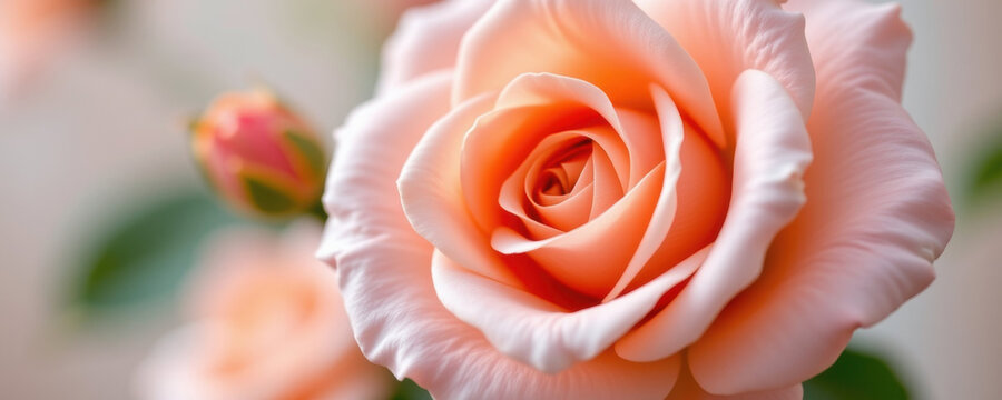 Delicate pastel peach rose flower close up with soft petals and blurred background creating gentle and romantic mood - Powered by Adobe