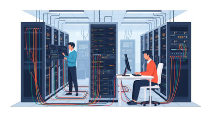 Two it technicians working in a modern server room with racks of equipment and complex cabling, isolated on transparent background