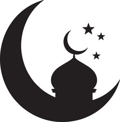 Islamic Crescent Moon with Mosque Dome and Stars Silhouette