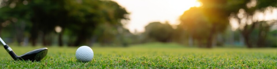 Golf ball and club on lush green course at sunset