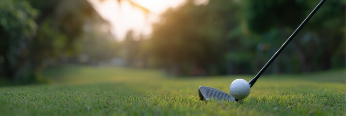 Golf club and ball on lush green course at sunrise