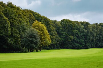 Lush green golf course with dense trees under cloudy sky