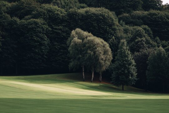 Serene green field with dense woodland background on a sunny day - Powered by Adobe