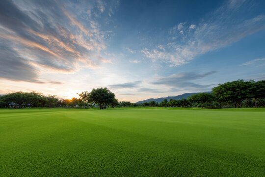 Scenic landscape of lush green golf course at dusk with dramatic sky - Powered by Adobe