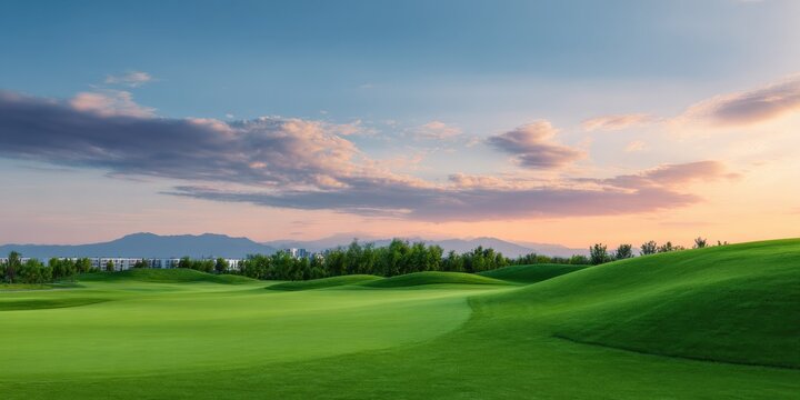 Scenic sunset over rolling hills and lush golf course with mountain views