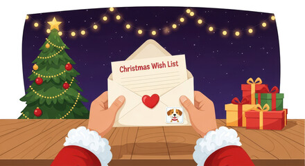 Santa claus hands holding an open christmas wish list letter with a heart and dog sticker in front of a decorated tree and presents isolated on transparent background