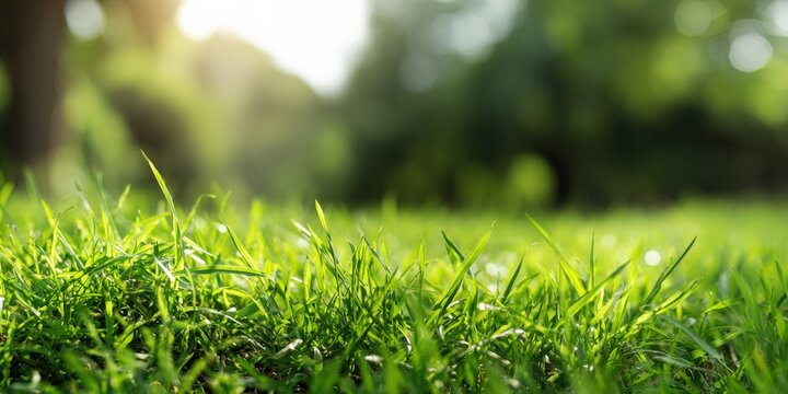 Lush green grass in sunlit park with blurred trees in background