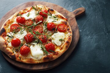 Freshly baked margherita pizza with cherry tomatoes and rosemary on wooden board