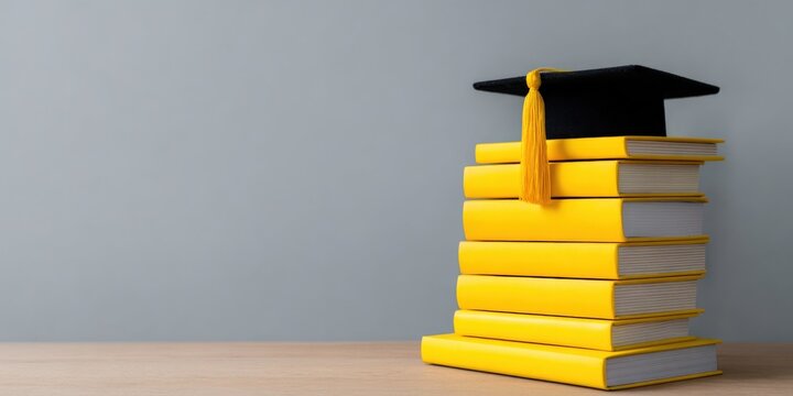 Stack of yellow books with graduation cap on wooden table