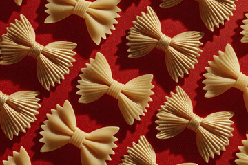 Farfalle Pasta on Red Background – Contrasting Food Pattern