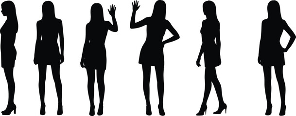 Silhouettes of six women, short dresses, confident standing poses, black vector illustration, cad drawing flat vector illustration