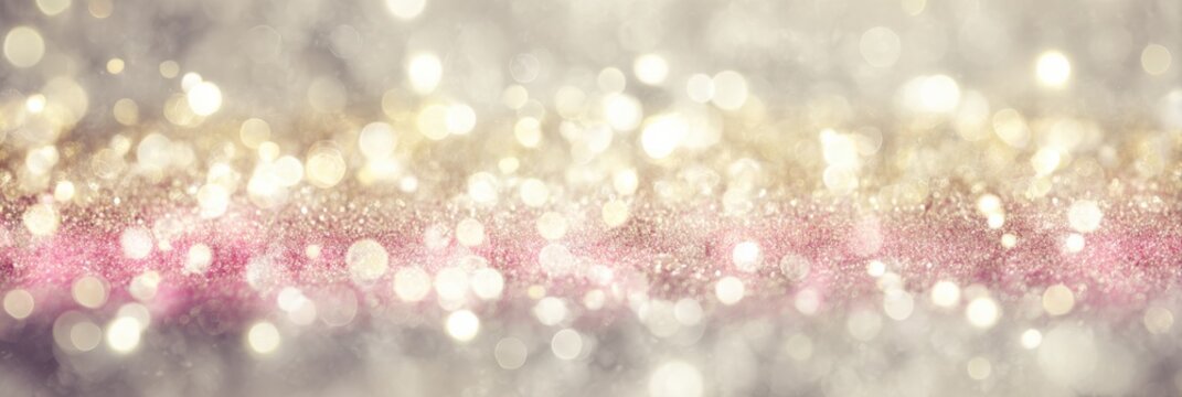Glittering gold and pink bokeh lights in a soft focus abstract background