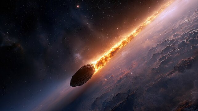 A meteoroid enters a planet's atmosphere, glowing intensely with fire and heat. The view is from space, showing the planet's cloud-covered surface and the starr
