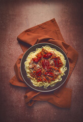 spaghetti bolognese, with dried tomatoes, homemade, close-up ,