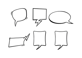 Collection of six hand drawn speech bubbles of different shapes on a white isolated background
