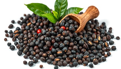 Black peppercorns and dry black beans are isolated ingredients on a white background, useful for food and spice seasoning