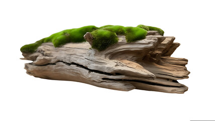 Isolated Driftwood Log with Vibrant Green Moss, Natural Wood Texture, Organic Element for Terrarium or Aquarium Decoration, on White Background