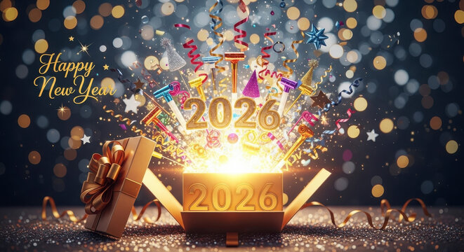 Happy New Year 2026 Celebration with Exploding Gift Box Confetti and Golden Lights - Powered by Adobe