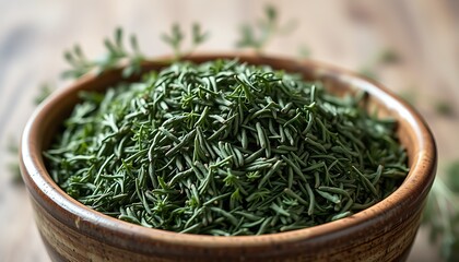 Fresh green rosemary and thyme leaves in a bowl with other fresh herbs